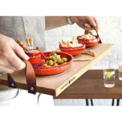 Bowls and Dishes Puur Hout serveertray met lederen handgrepen 89 x 19,5 cm beukenhout