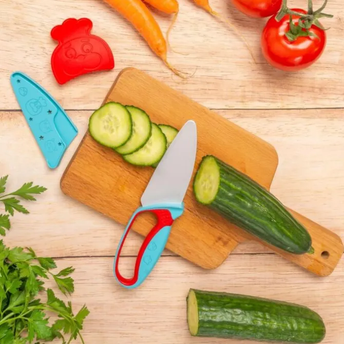 Chefclub kindermes met vingerbeschermer blauw/rood
