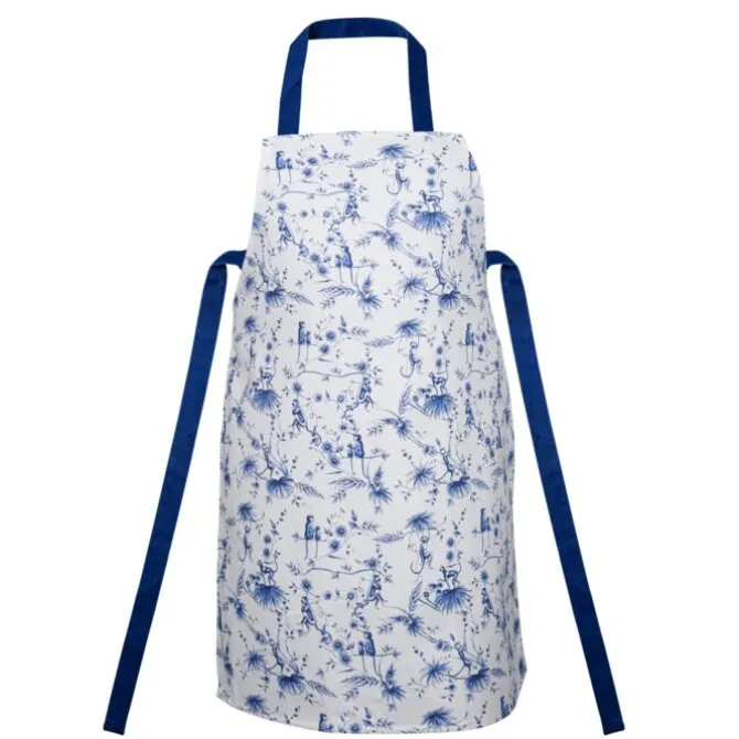 Heinen Delfts Blauw Aapjes keukenschort wit