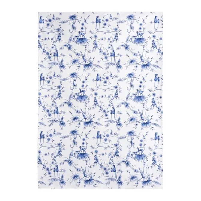 Heinen Delfts Blauw Aapjes theedoek wit