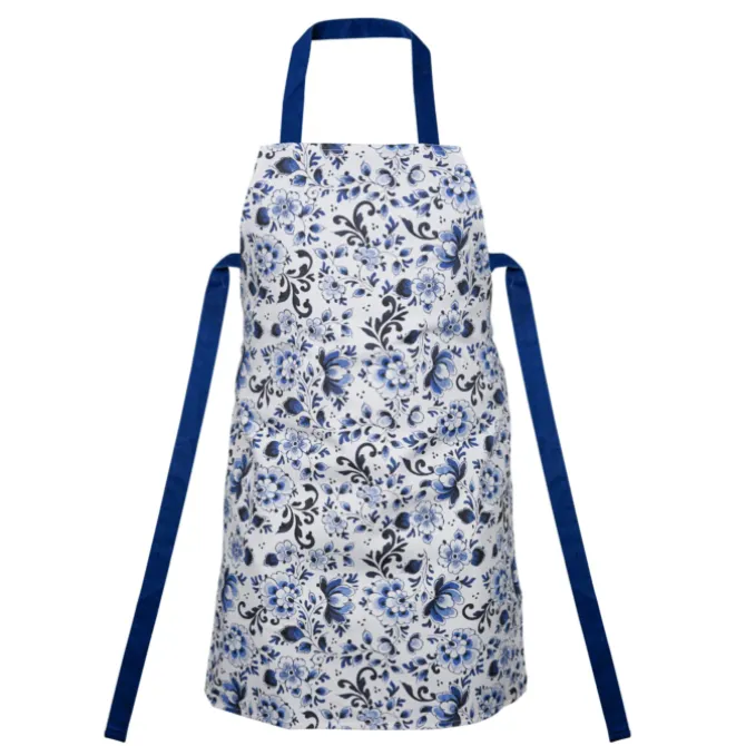 Heinen Delfts Blauw Bloemen keukenschort wit