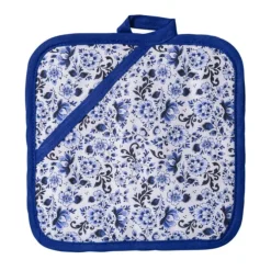 Heinen Delfts Blauw Bloemen pannenlap wit