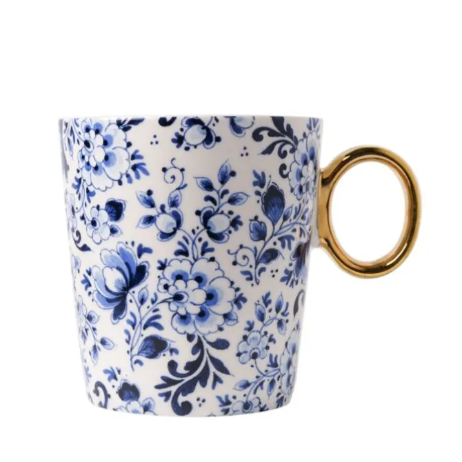 Heinen Delfts Blauw Sierlijke Bloem mok goudkleurig
