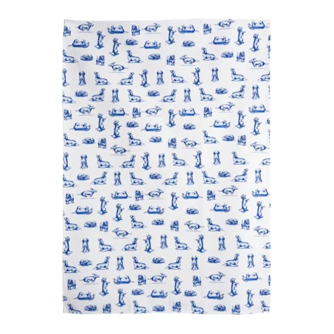 Heinen Delfts Blauw Teckel Nhaan theedoek wit