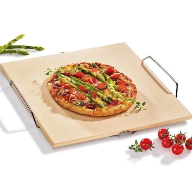 Küchenprofi pizzasteen met houder 35 x 38 cm keramiek beige