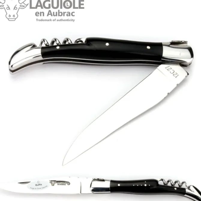 Laguiole en Aubrac klapmes met kurkentrekker 12 cm buffelhoorn