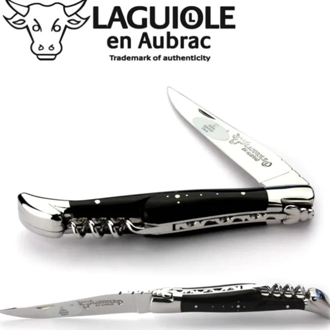 Laguiole en Aubrac klapmes met kurkentrekker 12 cm ebbenhout