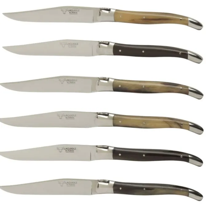 Laguiole en Aubrac steakmes 11,5 cm geperst hoorn bruin 6 stuks