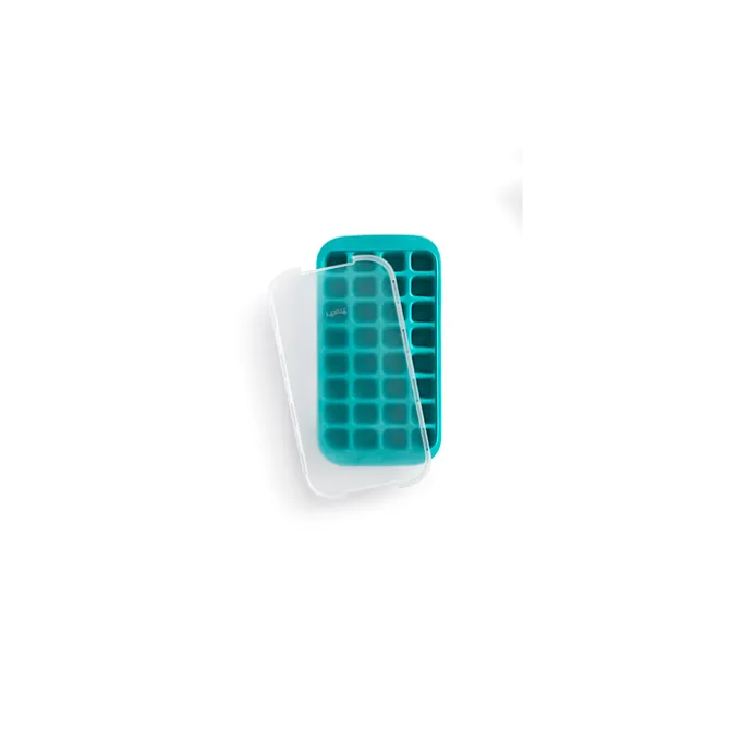 Lékué ijsblokjesvorm met houder en deksel 32 ijsblokjes silicone turquoise