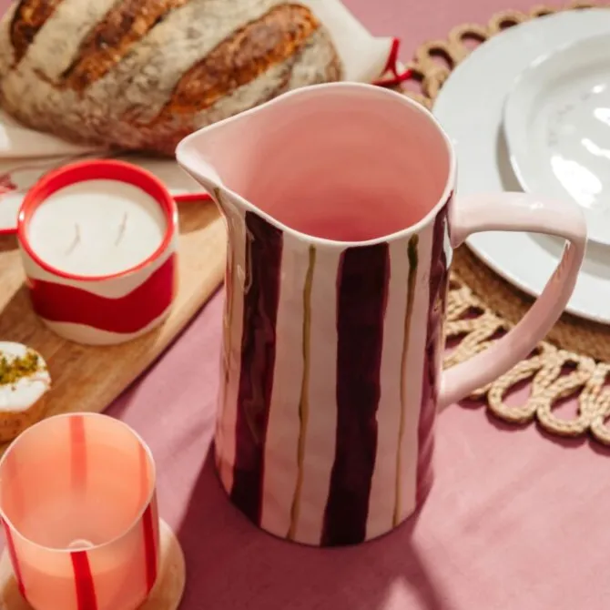 Maegen karaf 24,5 cm aardewerk gestreept Pink & Burgandy