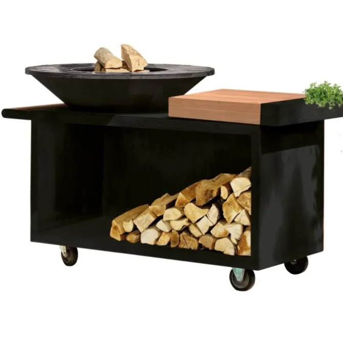 OFYR Island Black PRO 100-100 vuurkorf - barbecue met meubel en plank van donkergrijs keramiek