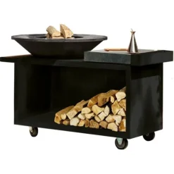 OFYR Island Black PRO 100-100 vuurkorf - barbecue met meubel en plank van keramiek