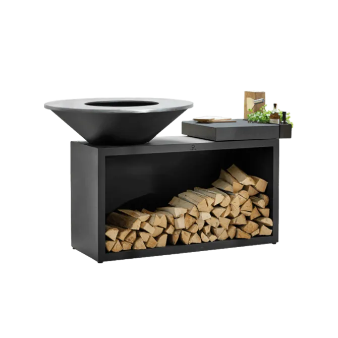OFYR Island Black 100-100 vuurkorf - barbecue met meubel en plank van donkergrijs keramiek