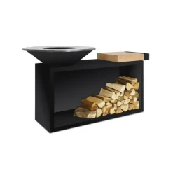 OFYR Island Black 85-100 vuurkorf - barbecue met meubel en plank van teakhout