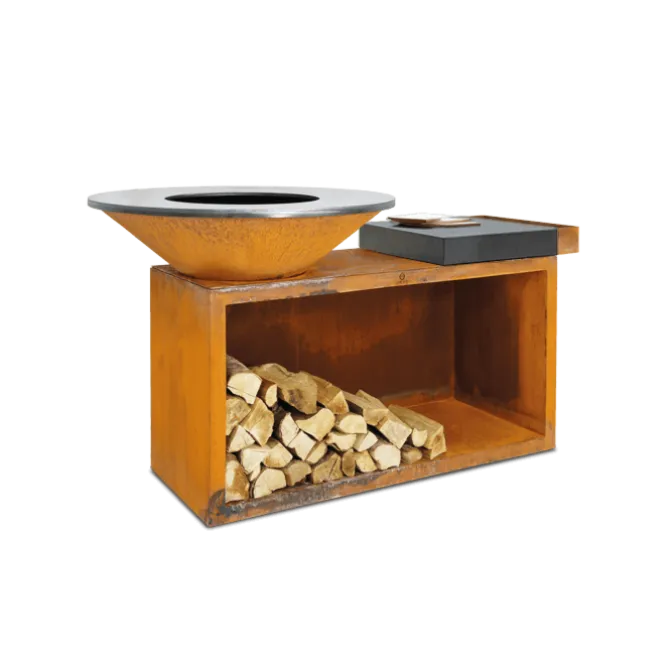 OFYR Island 100-100 vuurkorf - barbecue met meubel en plank van donkergrijs keramiek